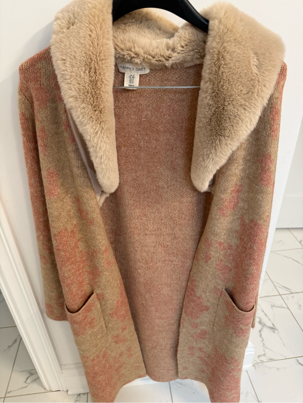 Happily Grey Faux Fur Collar Open-Front Coatigan in Blush Beige